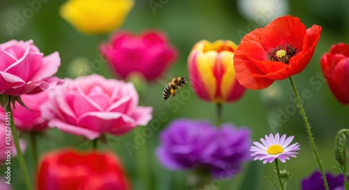 Vibrant garden with bees buzzing among colorful flowers in springtime bloom near a sunny meadow