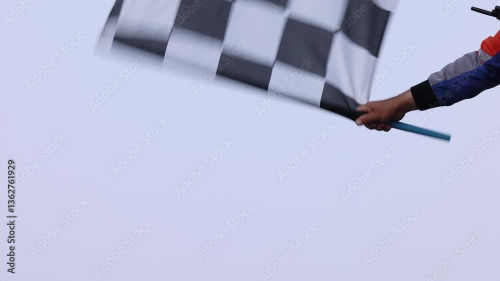Finish Flag Rally Man holding and waving checkered race flag on finish podium, Finish ...