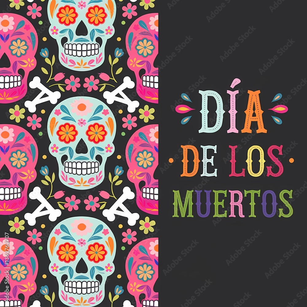 Día de los Muertos celebration with a vibrant dark background featuring multiple colorful skulls in pink blue and orange decorated with flowers bones and festive elements with text on the right side Día de los Muertos celebration with a vibrant dark background featuring multiple colorful skulls in pink blue and orange decorated with flowers bones and festive elements with text on the right side