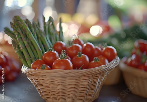 Fresh Produce Basket with Ripe Red Tomatoes and Vibrant Green Asparagus at a Farmer's Market Stall Surrounded by Colorful Vegetables and Fruits