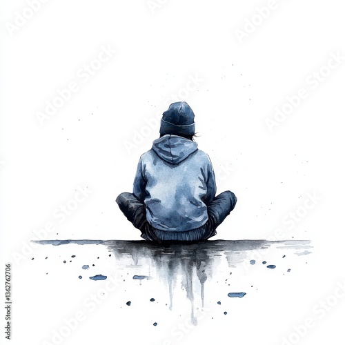 Contemplative Figure in Watercolor Gray Hoodie, Solitary Pose
