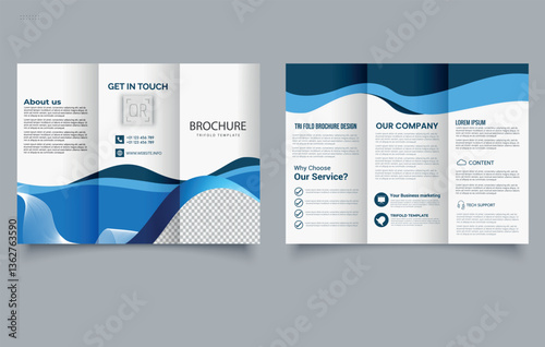 Trifold brochure with blue waves. Vector illustration. Trifold Print Ready Brochure Template. Editable image.