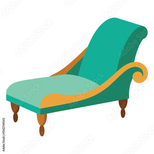 Vintage illustration of a wooden chaise longue and sofa in a comfortable, empty room with a classic design