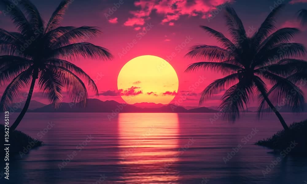 Bright retro sunset with vibrant red sun and palm silhouettes reflected on ocean water. Concept of tropical nostalgia and retrofuturism Bright retro sunset with vibrant red sun and palm silhouettes reflected on ocean water. Concept of tropical nostalgia and retrofuturism