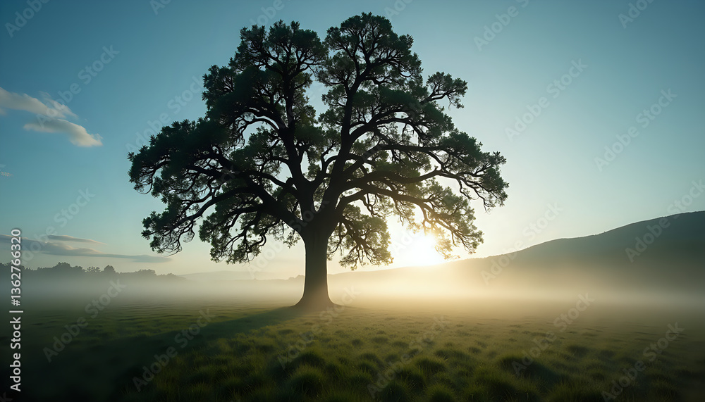 Fototapeta premium a single oak tree standing in a foggy field at sunrise on a hill