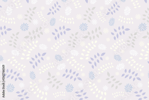 Seamless floral pattern with delicate leaves and flowers in pastel shades of blue, gray, and beige. A soft and minimalistic design perfect for textiles, wallpapers, packaging, and backgrounds.