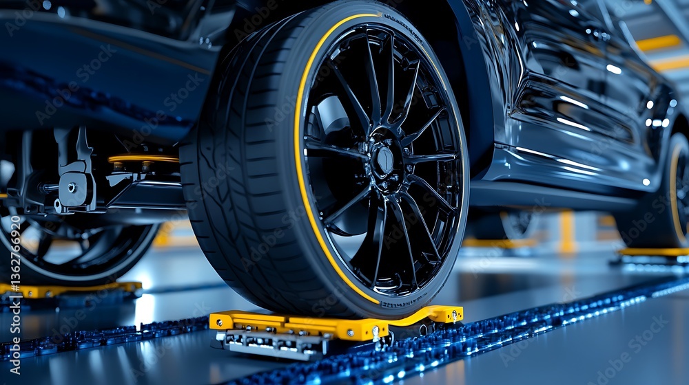 Fototapeta premium Sleek Black SUV on Automated Assembly Line: 3D Render AI Generated