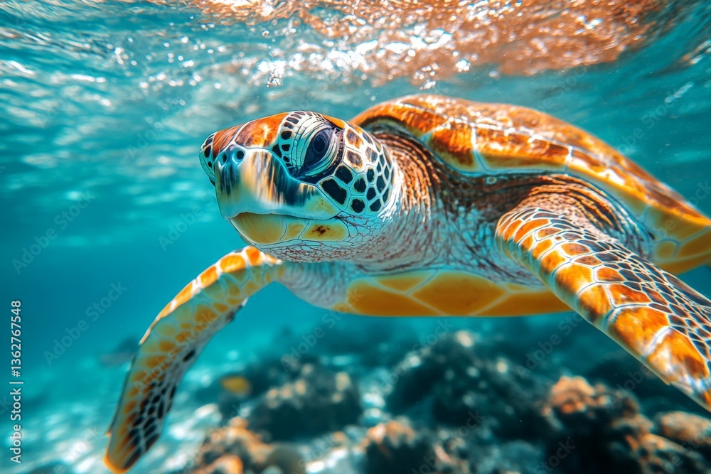 Obraz premium Colorful sea turtle swimming gracefully through clear blue ocean waters near coral reef