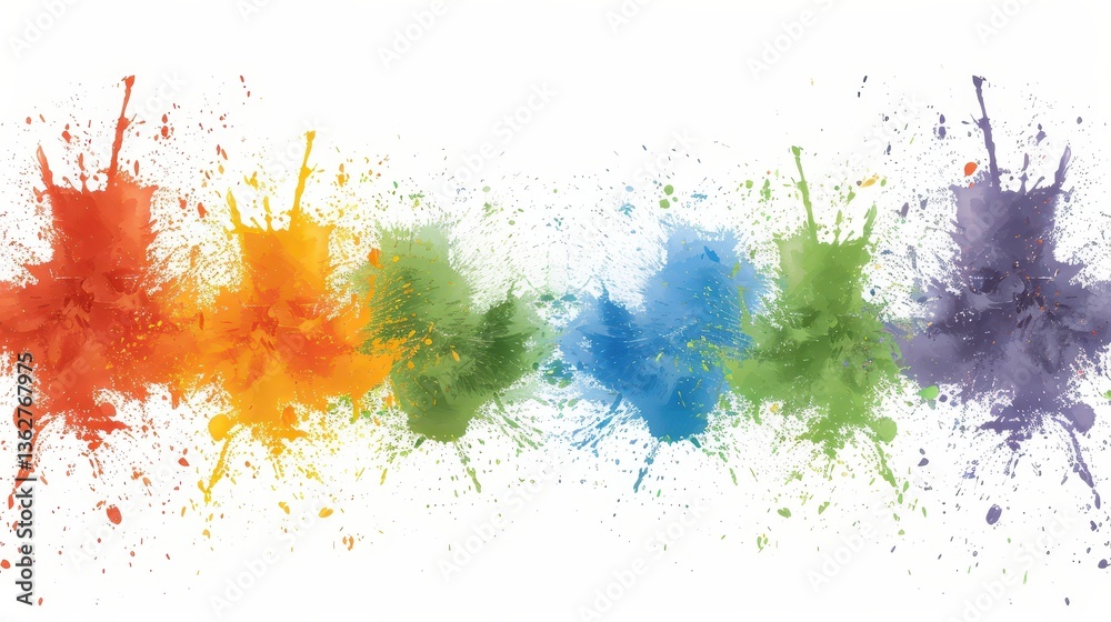 Fototapeta premium Vibrant colorful paint splatters on a clean white background, an abstract design