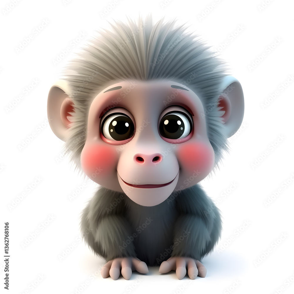 Obraz premium Baboon – 3D baby baboon, tiny fluffy mane, round chubby cheeks, big expressive eyes, pastel gray and turquoise tones, white background Generative AI