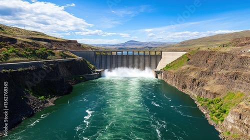 Hydroelectric dam power generation event scenic river location natural landscape environment birds eye view concept