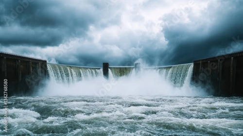 Hydroelectric dam overflow chaos remote location high-quality image stormy environment dramatic viewpoint