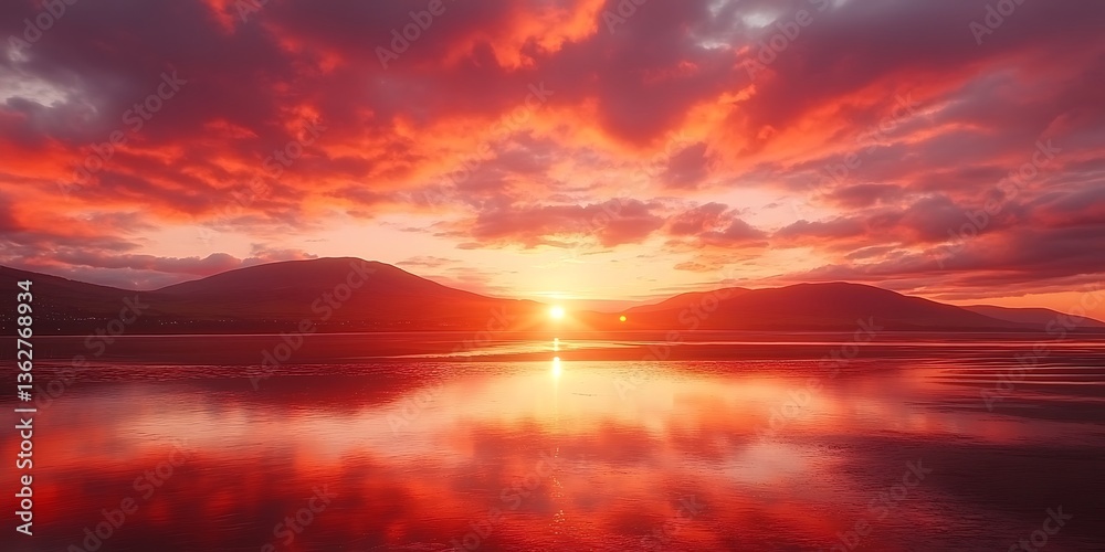 Fototapeta premium A vibrant sunset over a calm lake reflecting warm colors