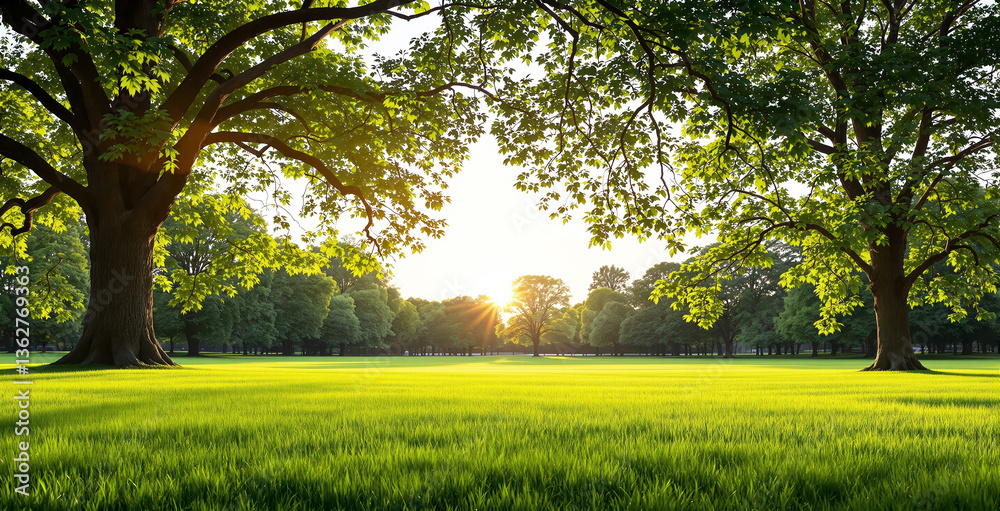 Fototapeta premium Lush green park landscape with large trees framing a bright sunrise. Sunlight filters through leaves, casting shadows on grass. Peaceful nature background. Ai generative