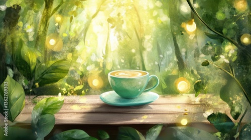 Tropical Coffee Break Sunlit Jungle Cafe, Latte Art, Wooden Table