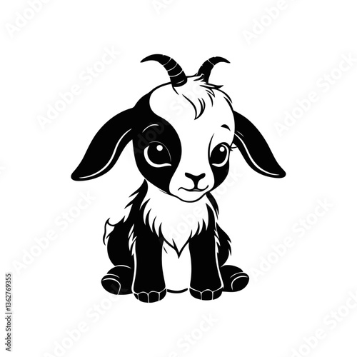 A minimalistic black and white vector illustration of a baby goat with drooping ears and a frown on a clean white background