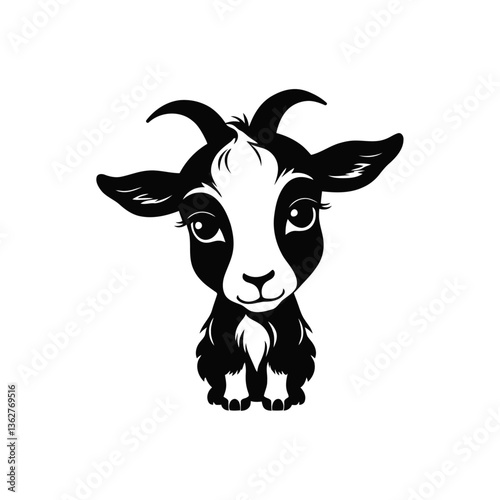 A simple black and white vector silhouette of a sad baby goat looking downward with a sorrowful expression on a clean white background