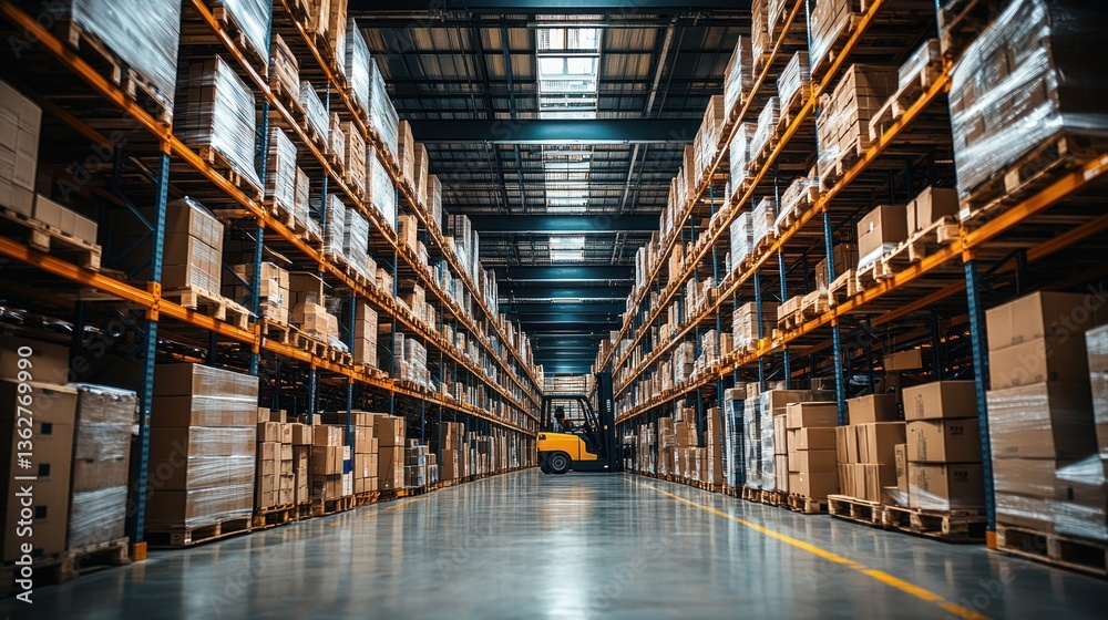 Vast Warehouse Interior: Rows of Pallets and a Forklift Vast Warehouse Interior: Rows of Pallets and a Forklift