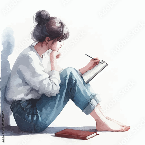 Watercolor image of a young woman writing in her journal 