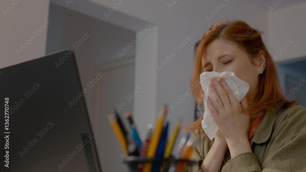 Woman visibly uncomfortable sneezes while working in her home office, managing her headache and using a napkin to ease her frustration during remote work.