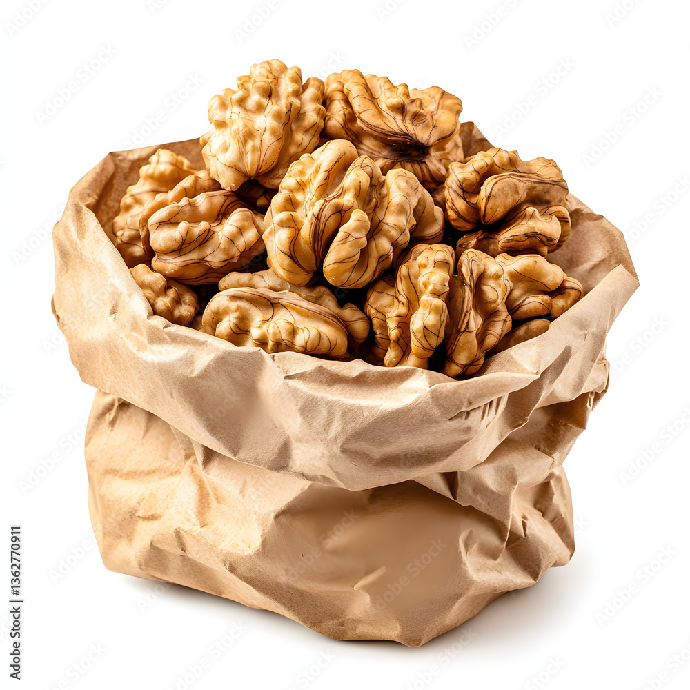 Close-up of a pile of whole walnuts overflowing from a crumpled brown paper bag resting on a clean white background for food and ingredient visuals Close-up of a pile of whole walnuts overflowing from a crumpled brown paper bag resting on a clean white background for food and ingredient visuals