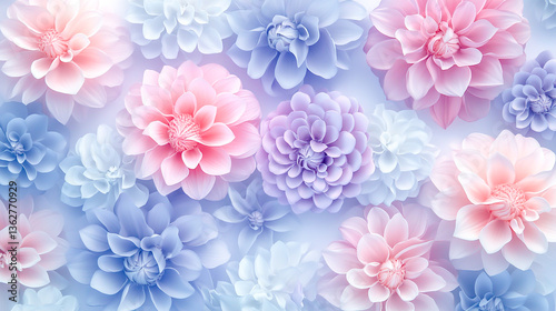 Wallpaper Mural An artistic 3D wallpaper showcasing a delicate arrangement of dahlias and peonies, with their soft, velvety petals appearing almost touchable Torontodigital.ca