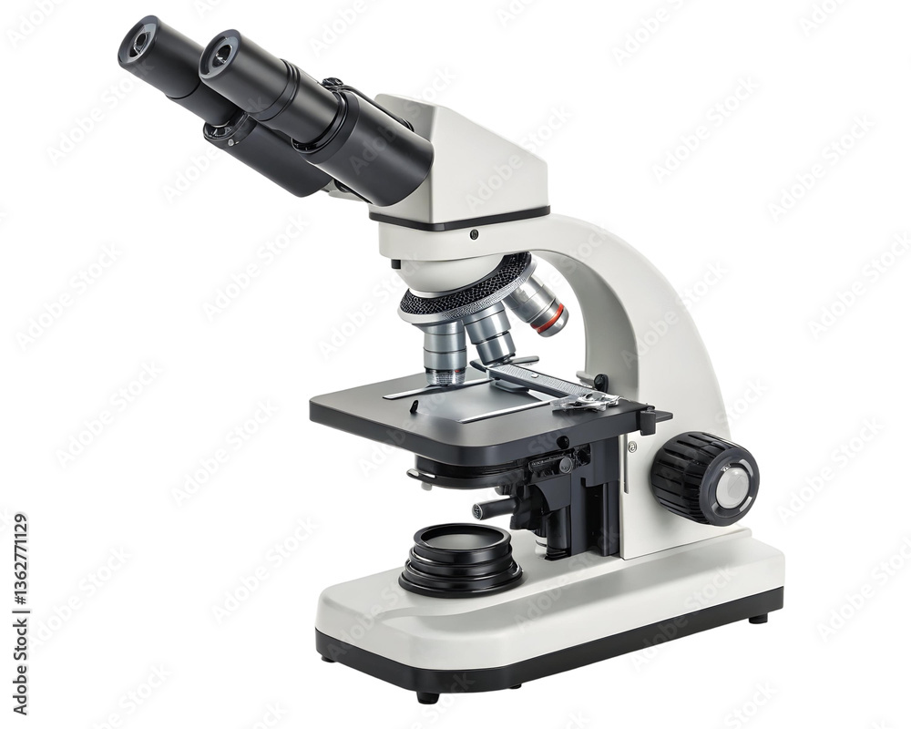 Classic binocular compound microscope with white and dark grey accents, isolated on transparent background Classic binocular compound microscope with white and dark grey accents, isolated on transparent background