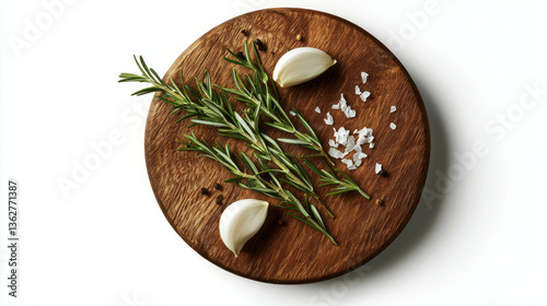 Wallpaper Mural Rustic round wooden cutting board with garlic rosemary and salt for culinary design Torontodigital.ca