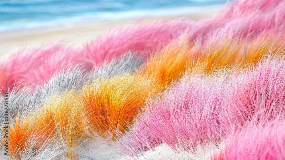 Obraz premium Colorful coastal dune grasses, a whimsical seaside landscape with blue ocean backdrop