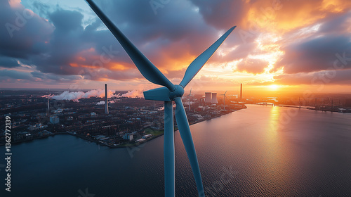 Aerial view propeller wing wind turbines city background Fusion of technology sustainability quiet power renewable energy against backdrop urban progress future innovation nature coexist, illustration