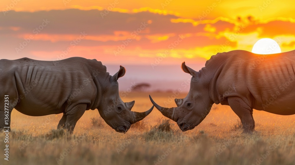Fototapeta premium Majestic Rhinos Facing Each Other Against Vibrant Sunset Sky