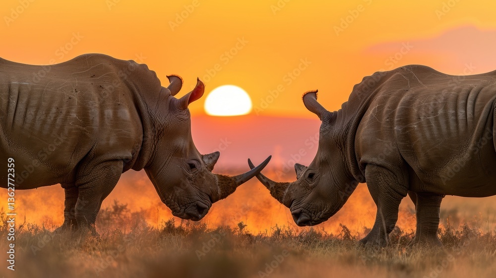 Fototapeta premium Rhinos in Sunset Silhouette Facing Each Other on Serengeti Plains