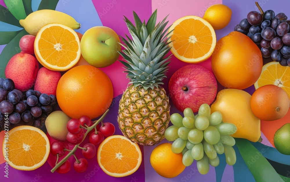 Fresh Fruits Arrangement on Colorful Backgrounds Fresh Fruits Arrangement on Colorful Backgrounds