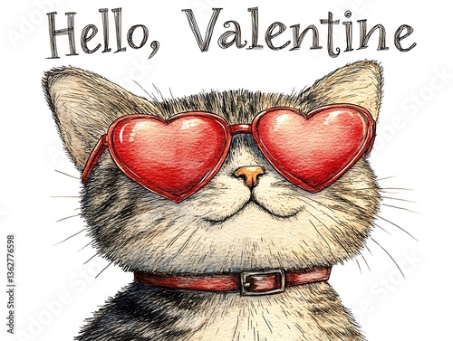 Cute Cat Wearing Heart-Shaped Sunglasses for Valentine's Day Greeting