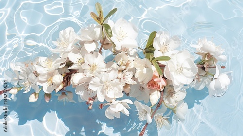 White Blossom Branch Floating on Crystal Clear Pool Water Surface