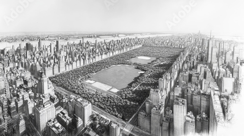 Aerial View Sketch of Central Park Manhattan NYC Skyline Urban Landscape Drawing