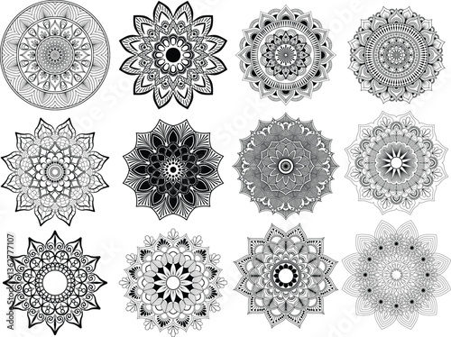 Big vector set of round patterns. Collection of geometrical mandalas. Circular pattern in the form of a mandala. Henna tatoo mandala. Mehndi style. Decorative pattern in oriental style. Coloring book 