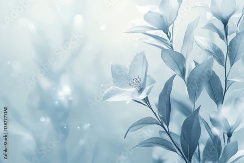 Delicate flowers bloom in soft blue hues under gentle light in a serene garden setting