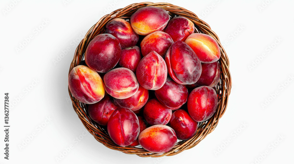 Obraz premium Fresh peaches in rustic wicker basket for summer harvest display