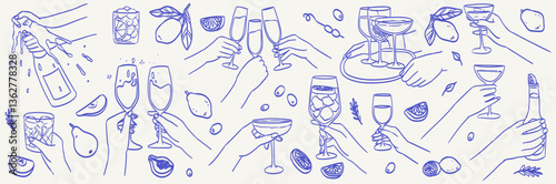 La dolce vita italian sicily Amalfi style. Hand drawn ink line wine, beer, cocktail or champagne drawings. Sketch style bar or party Illustrations for wedding invitations, cafe or restaurant menus.