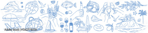 Summer vacation doodle style illustration set. Vector ink hand drawn coastal sea or beach leisure and surf activities print elements. Sea weekend rest collection for invitations to beach party, picnic