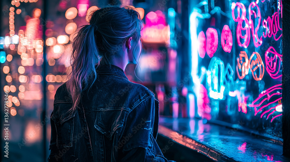 Fototapeta premium Woman with ponytail in jacket looking at neon lights at night in a city street setting back view