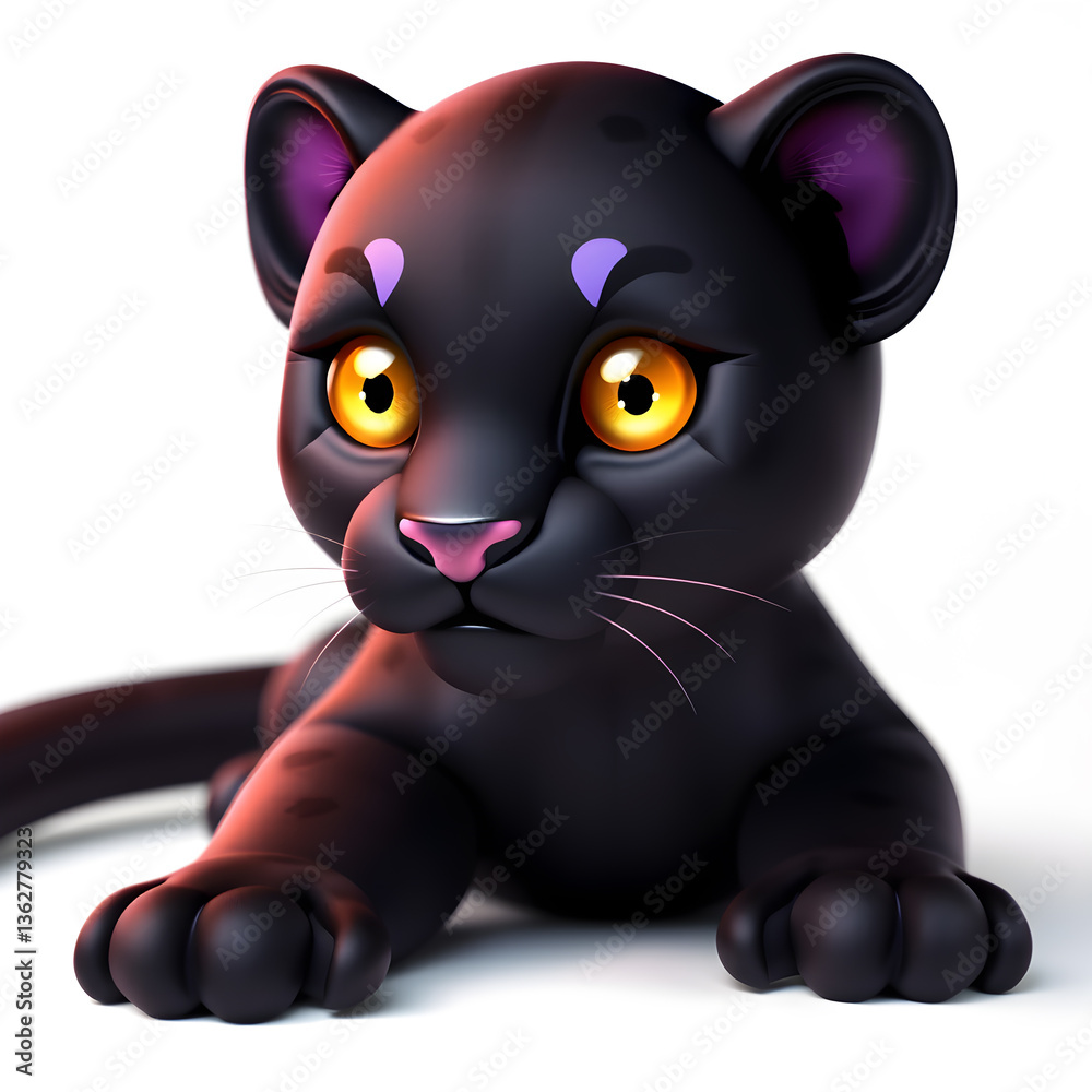 Naklejka premium Black Panther – 3D baby black panther, soft shiny fur, small round paws, big golden eyes, pastel black and purple tones, white background Generative AI
