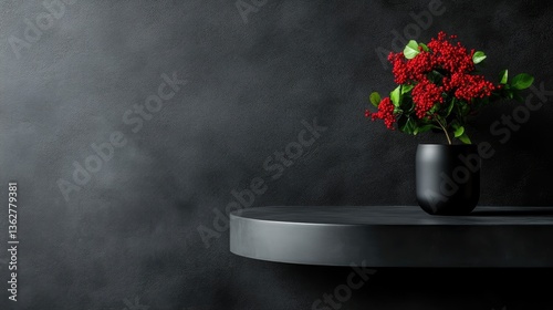 Dark, modern display with red flowers.  A potted plant with vibrant red blossoms sits on a sleek, grey shelf against a textured, dark gray wall. 