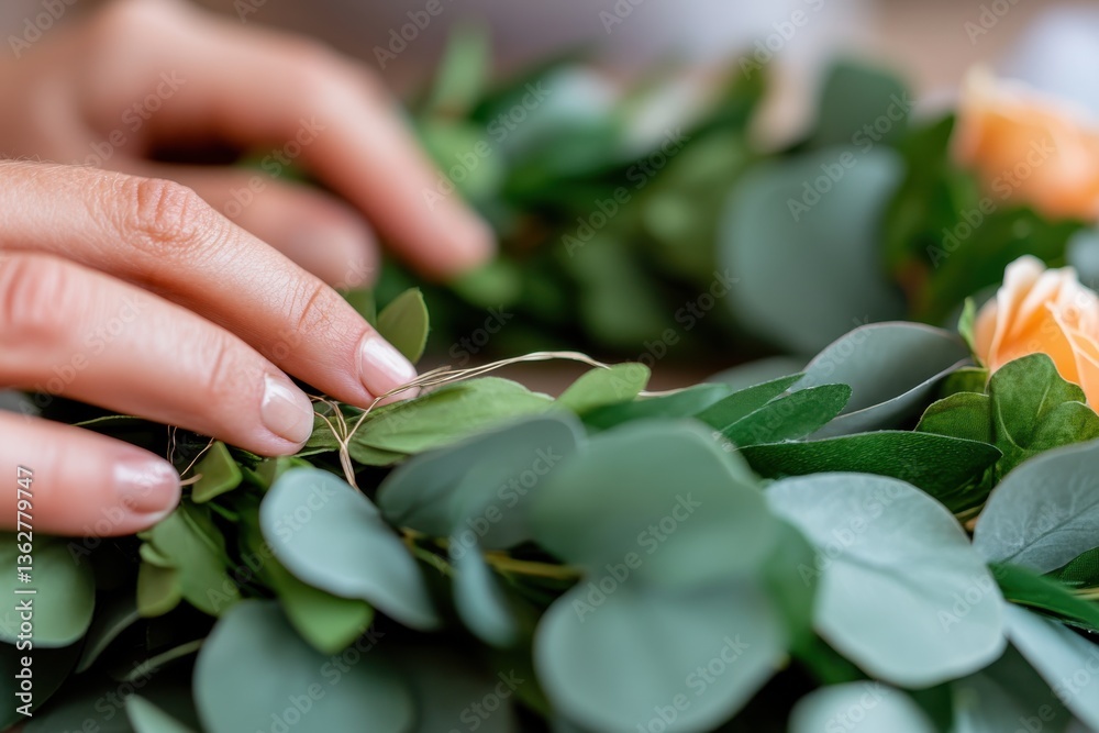 An intricate process of creating a floral wreath, embodying elegance and creativity through the delicate arrangement of greenery and flowers, perfect for decoration. An intricate process of creating a floral wreath, embodying elegance and creativity through the delicate arrangement of greenery and flowers, perfect for decoration.