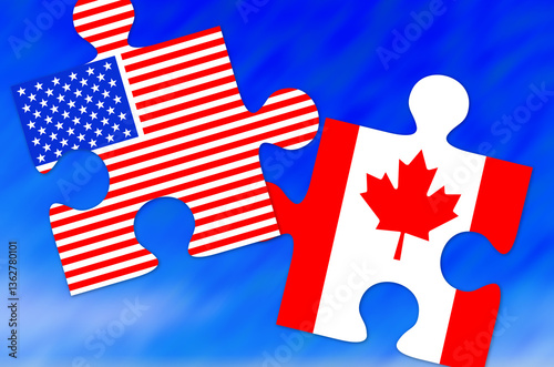 Puzzle pieces of USA and Canada flags pulled apart