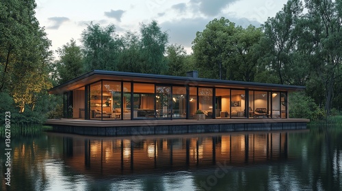 Modern floating home on tranquil lake at dusk