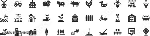 Farming, agriculture icon set. Vector glyph pictograms of tractor, barn, greenhouse, livestock, wheat, crop cultivation, livestock, and sustainable farm black silhouette illustration.