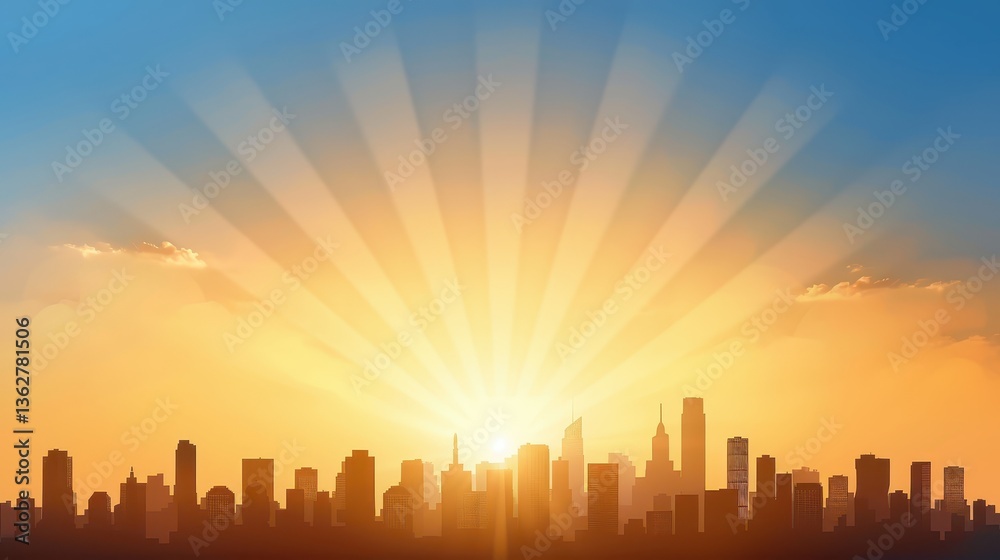 Fototapeta premium Majestic city skyline illuminated by dramatic sunlight piercing through the clouds