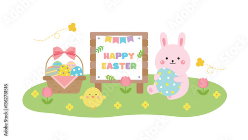 Illustration of cute rabbit, chick and egg on grass with Christian Easter concept. Eggs with various patterns painted on them are exchanged to celebrate the resurrection and bless the other person.